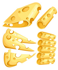 Pieces of Cheese isolated on white. Popular kind of cheese icons isolated. Cheese types. Modern flat style realistic vector illustration on white background Web site page and mobile app design