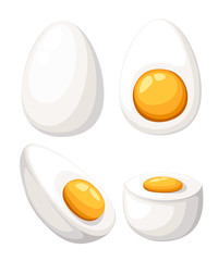 Cartoon egg isolated on white background. Set of fried, boiled, half, sliced eggs. Vector illustration. Eggs in various forms. Web site page and mobile app design.