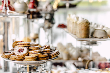 Delicious wedding reception candy bar dessert table