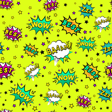 Abstract seamless patch pattern for girls, boys, clothes. Creative vector patch background with stickers, speach bubble. Funny bubble pattern wallpaper for textile and fabric. Fashion pop art style.