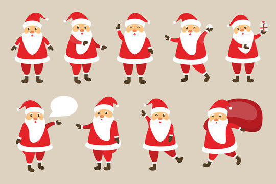 Vector set of cartoon isolated Santa Claus character for decoration and covering on the bright background. Concept of Merry Christmas and Happy New Year.