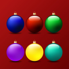 Set of Christmas balls on a red background. Vector illustration .