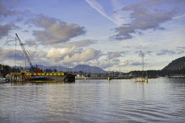 View of Ladysmith marina at sunset, taken in Vancouver Island, BC, Canada