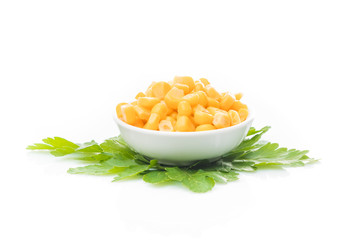 Canned corn  in a bowl. sweet corn. corn isolated on white background