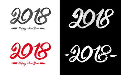 Set of 2018 New Year of the Dog. For your design. Black number 2018 hand drawn lettering on white vintage subtle grunge background. Vector illustration Isolated on white background