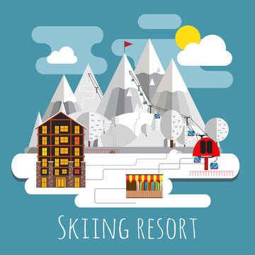 Flat design panoramic landscape of skiing resort.