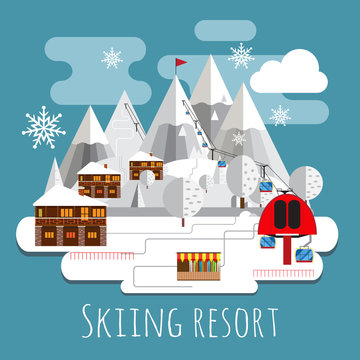 Flat design panoramic landscape of skiing resort.