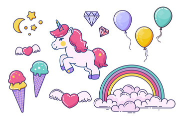 Naklejka premium Unicorn and fairy elements isolated on white