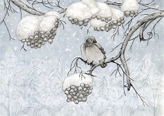 Рисунок акварелью "Маленькая птица зимой"