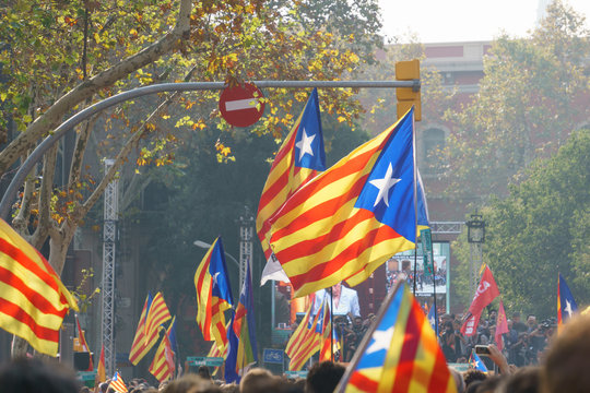 Barcelona, Catalonia, October 27, 2017: People on celebration during the proclamation of independence of Catalonia by Catalan government in front of parliament.
