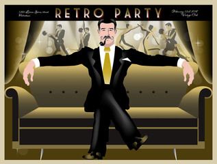 Retro Party invitation card. Handmade drawing vector illustration. Art deco style.