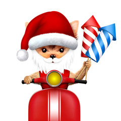 Dog Santa Claus on a scooter with rockets in hand