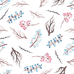 Seamless Pattern of Watercolor Tree Branches and Berries