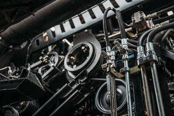 Harvester engine, gear chains, mechanisms transmission of new modern technology combine vehicle