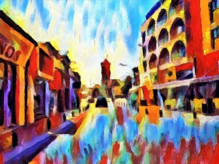 Views of the street of the old city in Europe. Large size modern wall art oil painting on canvas. Colorful abstract impressionism artwork. 