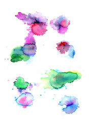 Set of colorful abstract watercolor texture stains with splashes and spatters. Modern creative watercolor background for trendy design.