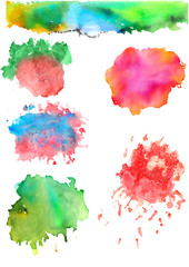 Set of colorful abstract watercolor texture stains with splashes and spatters. Modern creative watercolor background for trendy design.