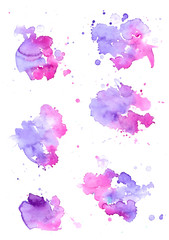 Set of colorful abstract watercolor texture stains with splashes and spatters. Modern creative watercolor background for trendy design.