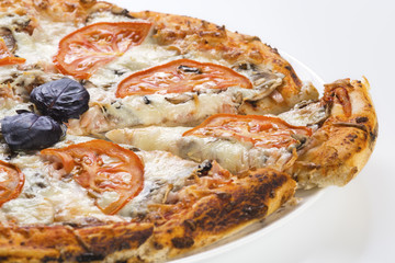 Tasty pizza with sausage and mushrooms