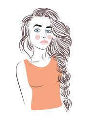 fashion illustration portrait of girl with long hair