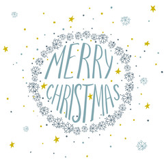 Christmas card with round frame of hand drawn snowflakes