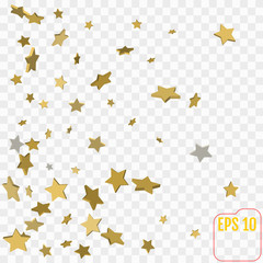 Shimmering Stars Confetti on transparent Sky. Greeting Card, Wedding, Invitation Template Background with Free Space. Luxury, Glamour Design Pattern with golden 3d Stars.
