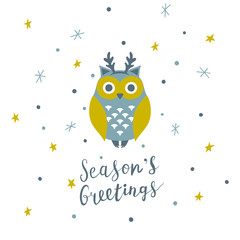 Christmas card with cute owl, wearyng horns, and hand written lettering, Christmas design elements