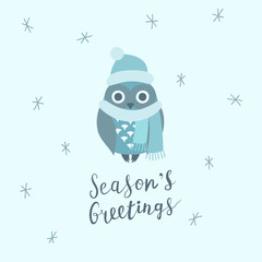 Christmas card with cute owl, wearing hat and scarf, and hand written lettering, Christmas design elements