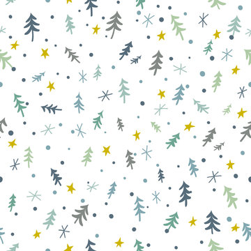 Seamless Christmas pattern with conifer trees, stars and snowflakes