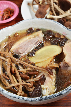 Home Made Steamed Chicken And Agrocybe Aegerita Mushroom Soup On The Table