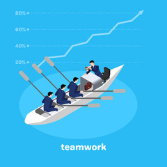 isometric illustration on business subjects, people in business suits are swimming on a boat, teamwork and personnel management