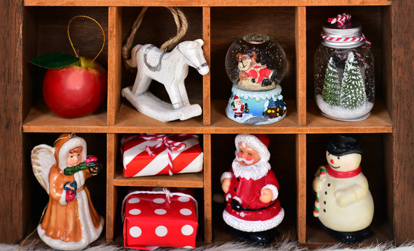 Wooden Shadow Box With Christmas Decor And Toy Collection