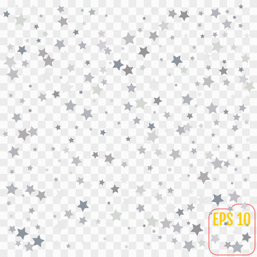 Abstract pattern of random falling silver stars on transparent  background. Glitter pattern for banner, greeting card, Christmas and New Year card, invitation, postcard, paper packaging