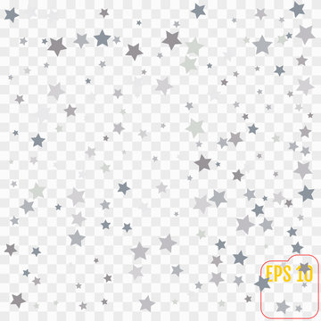 Silver falling confetti stars. Luxury festive background. Silver abstract texture on a transparent  background. Element of design. Vector illustration