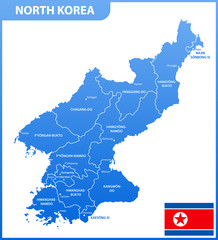 The detailed map of the North Korea with regions or states and cities, capitals, national flag