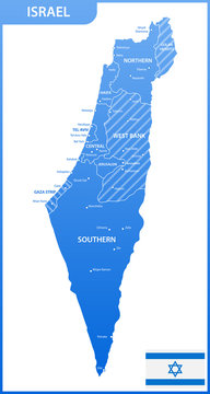 The detailed map of the Israel with regions or states and cities, capitals, national flag