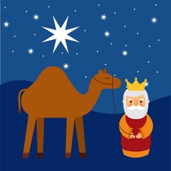 cartoon wise king with camel manger traditional vector illustration
