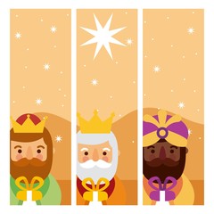 feliz dia de los reyes three magic kings bring presents to jesus vector illustration