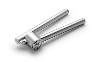 Stainless steel garlic press on white background
