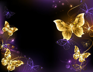 Plakat background with gold butterflies