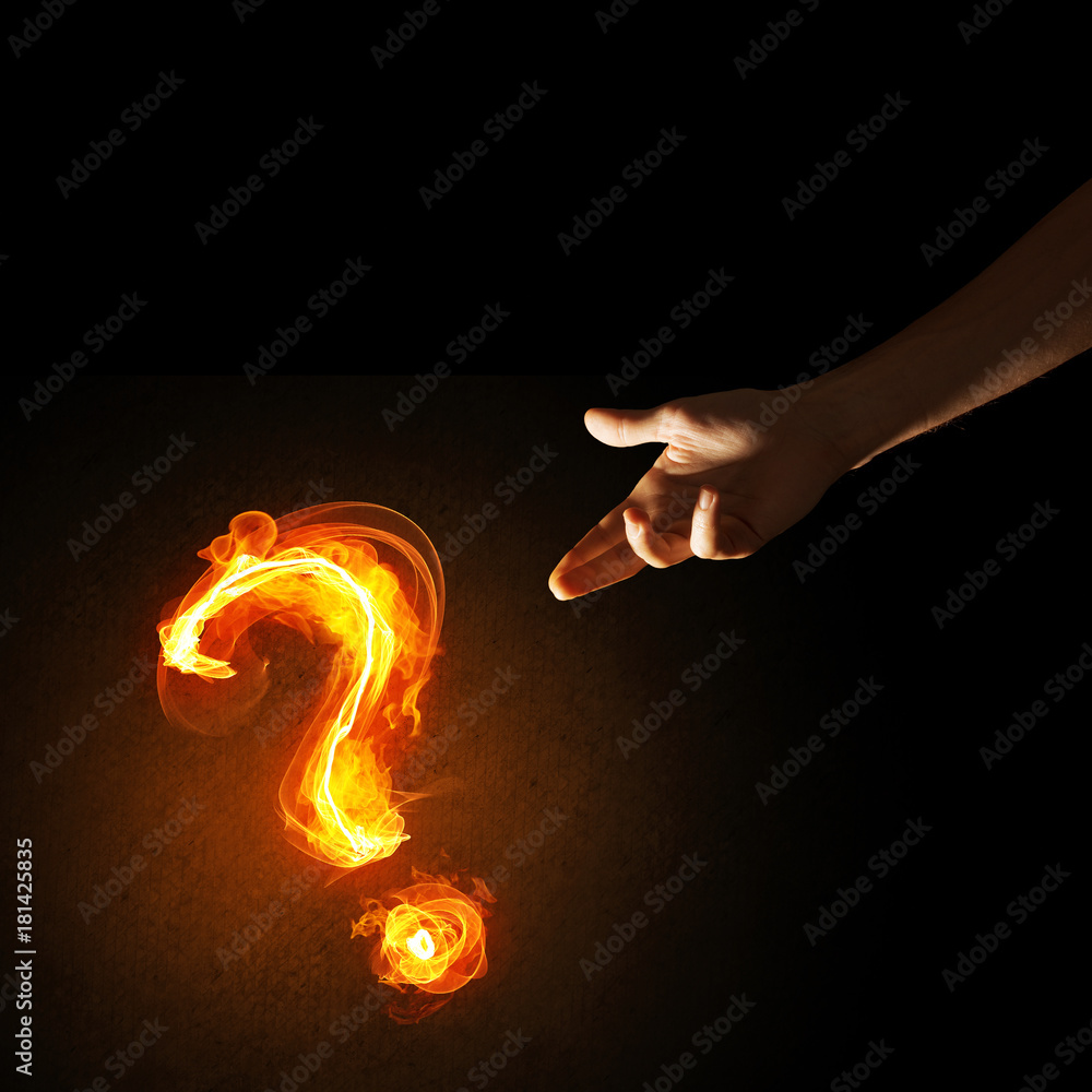 Poster concept of help or support with fire burning question mark and creation gesture