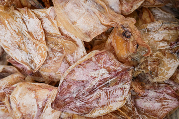 Dried squid at fish market in Thailand, squid background and texture