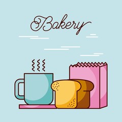 bakery bread leaf coffee cup and paper bag vector illustration