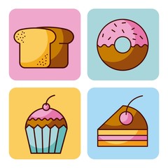 set of bakery dessert cupcake donut bread cake vector illustration
