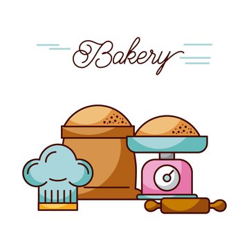bakery weight scale and sack flour rolling pin and hat chef vector illustration