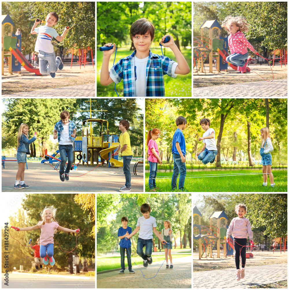 Wall mural collage of children with jumping ropes outdoors