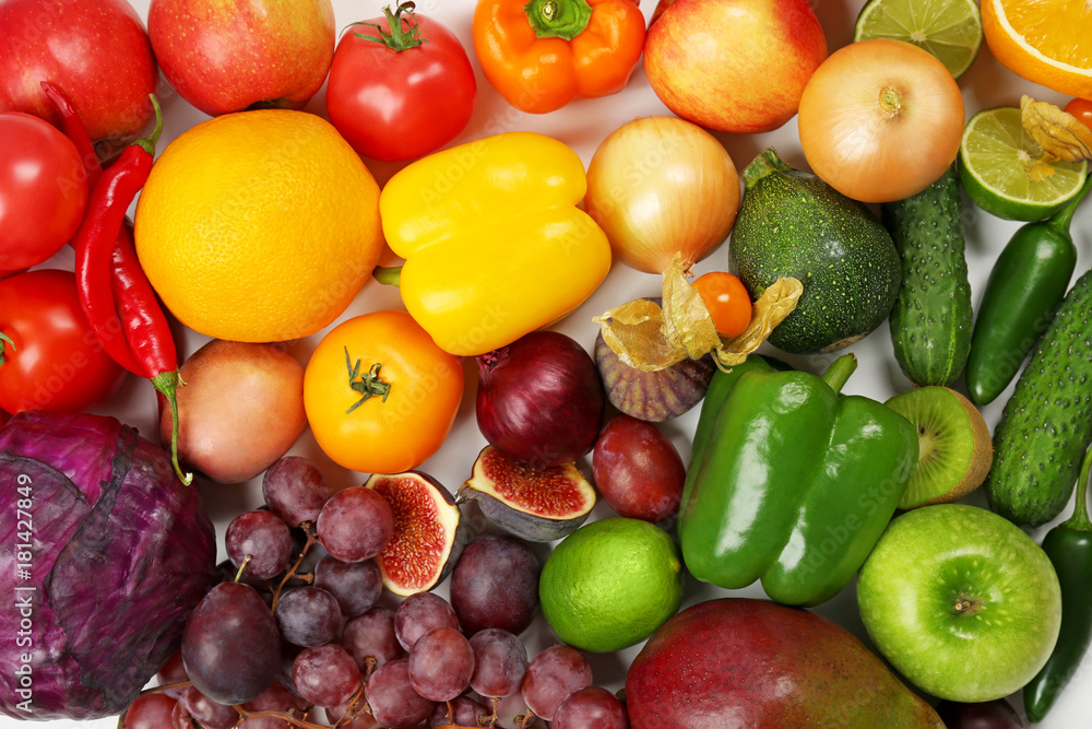 Poster many different fruits and vegetables on light background, closeup