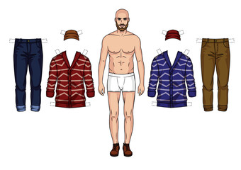 The guy in the underwear is standing in front. Paper doll of a man. Set of warm winter hipster clothes for men isolated from background
