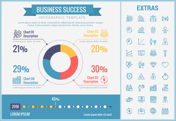 Fototapeta premium Business success infographic template, elements and icons. Infograph includes customizable pie chart, line icon set with business worker, successful businessman, corporate leader, market data etc.