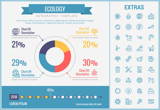 Ecology infographic template, elements and icons. Infograph includes customizable pie chart, graph, line icon set with resources of green energy, environmental cycle, water and sun power, factory etc.
